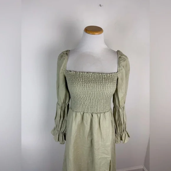 Reformation Hyland Smocked Linen Midi Dress Sage Green Size S